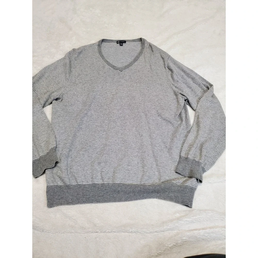 J. Crew Gray White Striped Cashmere Cotton Knit Sweater Men Large Casual Classic